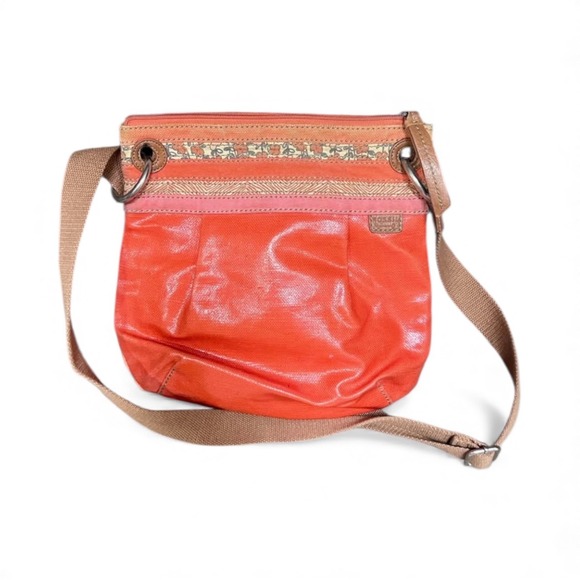 Fossil Key Per Orange Canvas Crossbody Bag Floral Trim Adjustable Strap - Picture 2 of 7